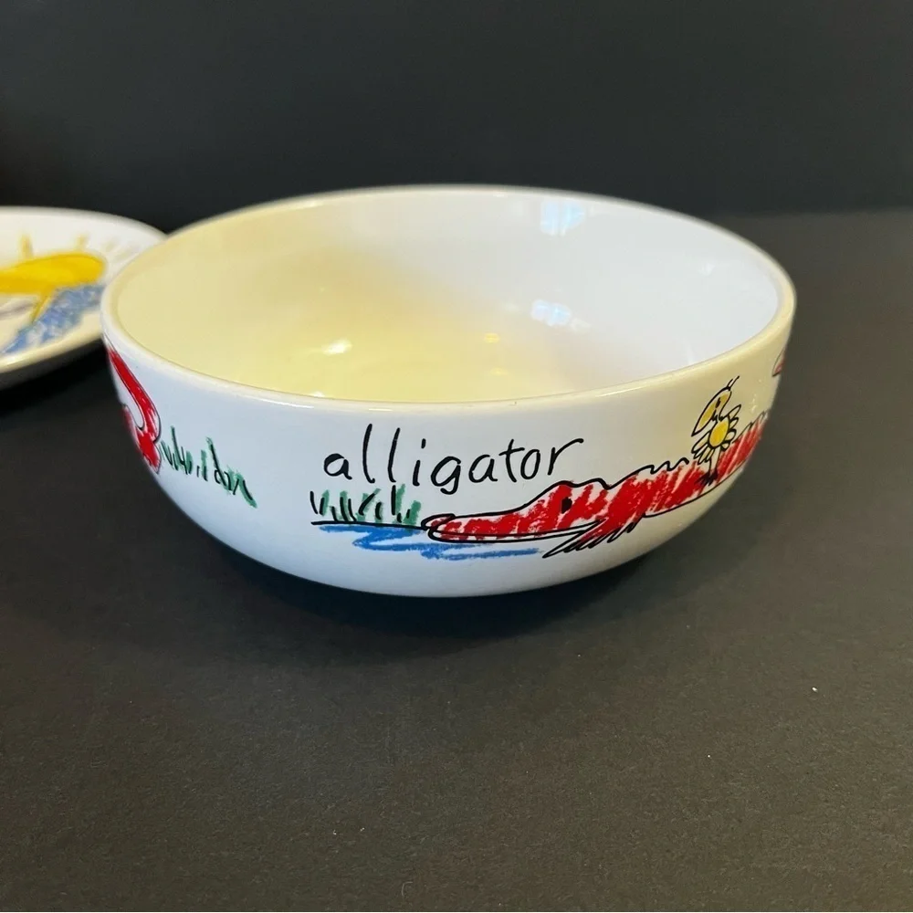 Pier 1 Childrens Dish Set: Jungle Animals Cup Bowl Plate Colorful Monkey Giraffe